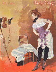 Donna fotografata in un corsetto, caricatura per 